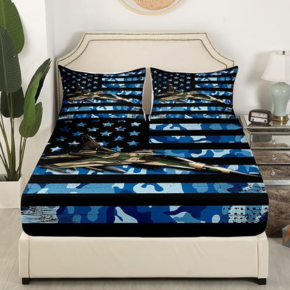 Manfei Airplane Sheet Set King Size, Army Camouflage Aircraft Bedding Set for Kid Boy Room Decor, Blue Camo American Flag Bed Sheet Set 4pcs with Deep Pocket Fitted Sheet + Flat Sheet + 2 Pillowcases