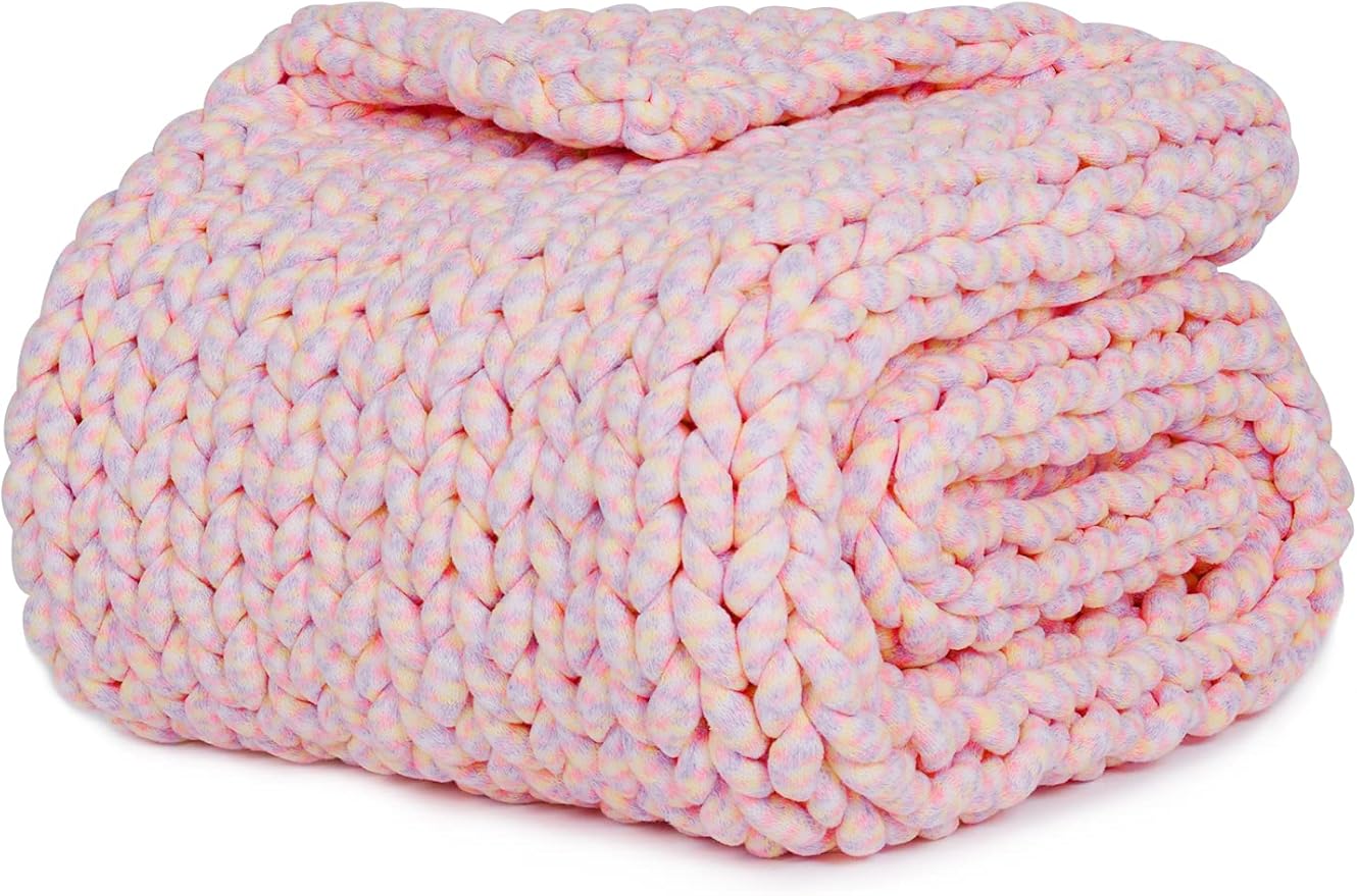 YnM Weighted Blanket, Handmade Chunky Knitted Design, Soft and Cozy, Temperature Regulating and Breathable, Machine Washable Throw for Sleep or Home Decor (Pink Fancy Yarn, 50x60 Inch, 10lbs)