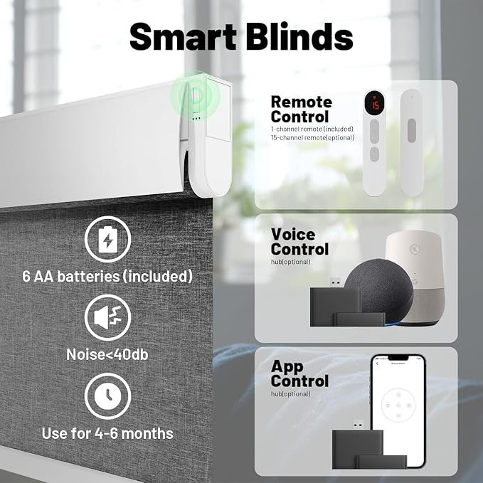 Motorized Blinds with Remote, Blackout No Drill Cordless Smart Roller Shades, Automatic Blinds for Windows, Grey,23" W x 72" H