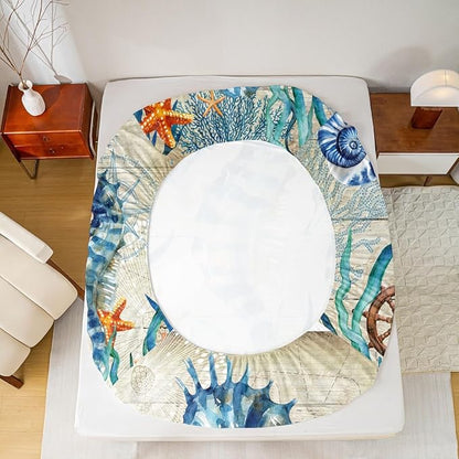 Seahorse Sheet Set Full Ocean Animal Bed Sheet Set 4pcs with Deep Pocket Fitted Sheet + Flat Sheet + 2 Pillowcases Teal Blue Sea Horse Marine Mediterranean Style Bedding Set for Kids Teens Room Decor