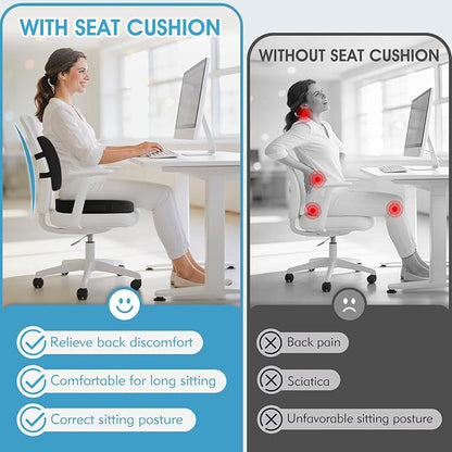 Ergonomic Seat Cushion & Lumbar Support Pillow - Memory Foam for Sciatica Pain Relief & Posture Correction, Non-Slip Chair Cushions for Office Chair/Car/Wheelchair/Travel (Black)