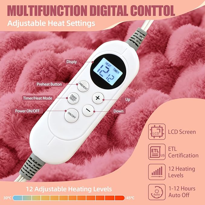 Electric Heated Blanket Throw 50" x 60" Soft Ribbed Faux Fur Flannel Fast Heating 12 Heat Levels 1–12H Timer & Overheat Protection & Auto Shut-Off & ETL FCC & Machine Washable Heated Throw