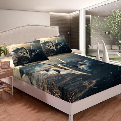 Fighter Aricraft Kids Fitted Sheet Queen Size,Warplane Warship Aviation Airplane Modern Fashion Bedding Set,Boys Men Room Decor,Sea Surface Sunset Bed Cover,Grey Bed Sheet,2 Pillowcases