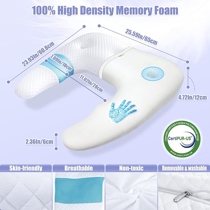 SAHEYER Side Sleeper Pillows for Adults, U Shaped Body Pillow for Pain Relief, Orthopedic Memory Foam Shoulder Pillow for Side,Stomach, Back, Arm with Removable Washable Cover (Upgraded Version), Blue