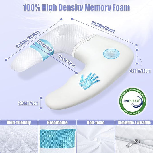 SAHEYER Side Sleeper Pillows for Adults, U Shaped Body Pillow for Pain Relief, Orthopedic Memory Foam Shoulder Pillow for Side,Stomach, Back, Arm with Removable Washable Cover (Upgraded Version), Blue