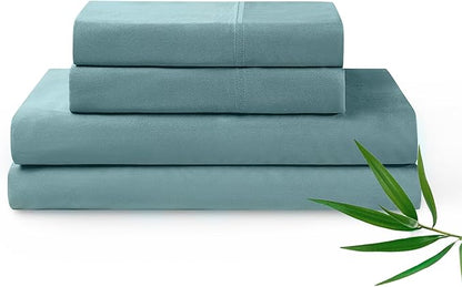 YnM Cooling Bed Sheet Set with 100 Percent Rayon Derived from Bamboo, 400TC Fabric with 2 Pillowcases and Flat Sheet, Deep Pocket Fit 19'', Silky-Soft & Sweat Wicking, 4 Piece (Queen, Sea Grass)