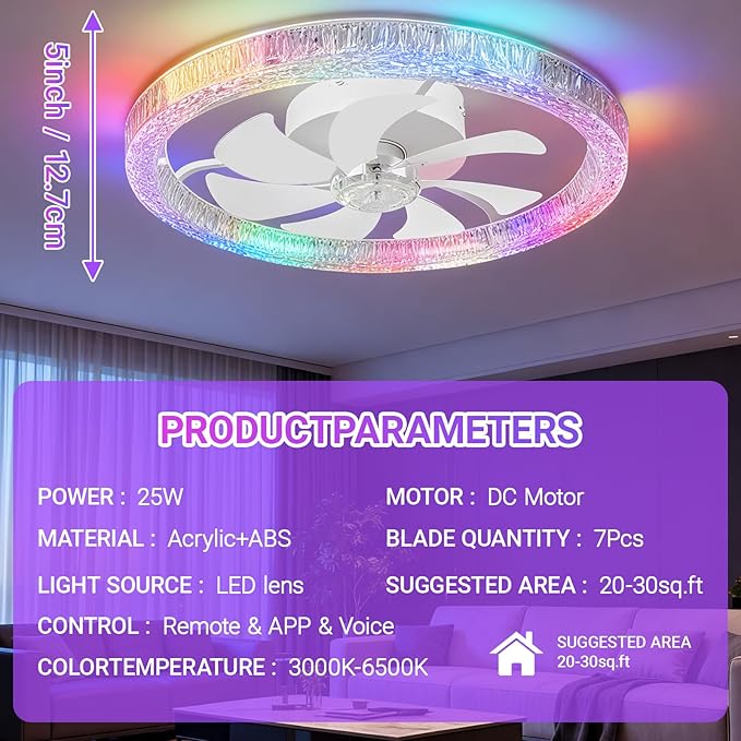 Ceiling Fans with Lights and Remote, 20" RGB Ceiling Fan with Voice/APP Control, 2 in 1 RGB+CCT Dimmable Flush Mount Smart Bluetooth Abanico De Techo for Bedroom, Kids Room and Living Room