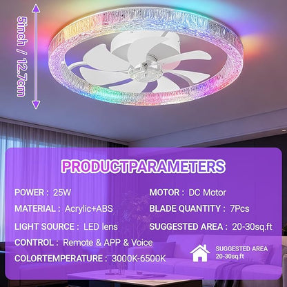 Ceiling Fans with Lights and Remote, 20" RGB Ceiling Fan with Voice/APP Control, 2 in 1 RGB+CCT Dimmable Flush Mount Smart Bluetooth Abanico De Techo for Bedroom, Kids Room and Living Room