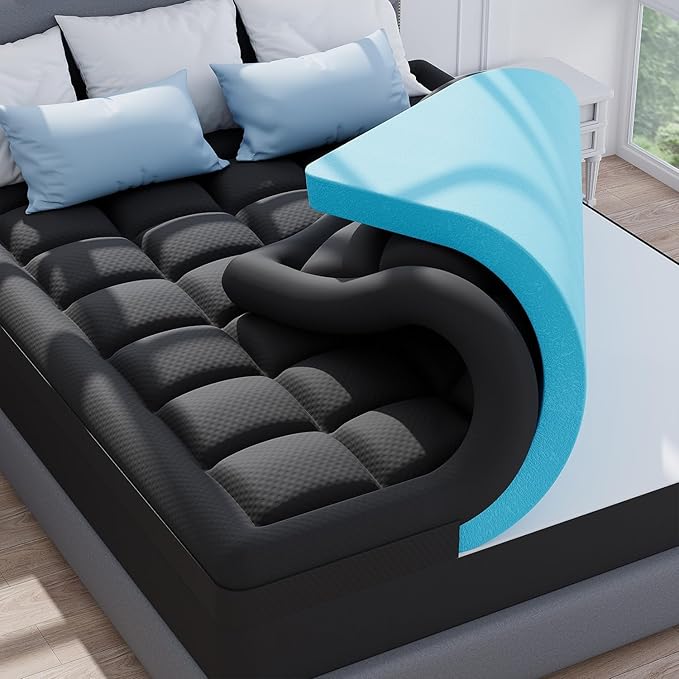 3 Inch Dual Layer Memory Foam Mattress Topper Cal King, 2 Inch Cooling Gel Memory Foam Pad Plus 1 Inch Down Alternative Pillowtop Mattress Pad with Cooling Cover, Soft Comfort Support, Black