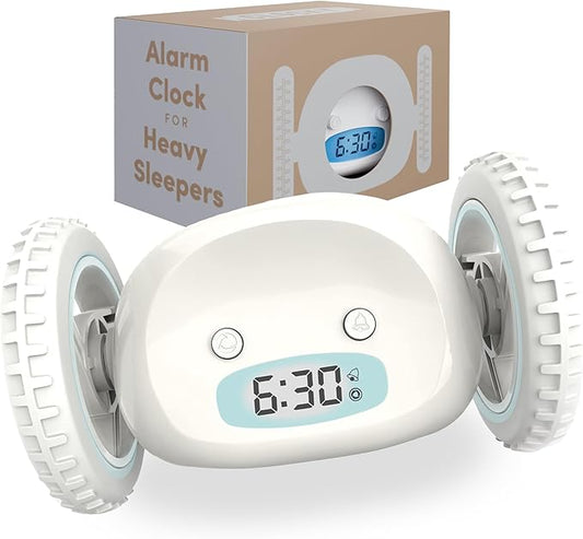 CLOCKY Alarm Clock on Wheels – Loud Rolling Alarm Clock for Heavy Sleepers | Runaway Clock That Jumps & Runs to Wake You Up | Funny Unique Gift for Adults & Teens (White)