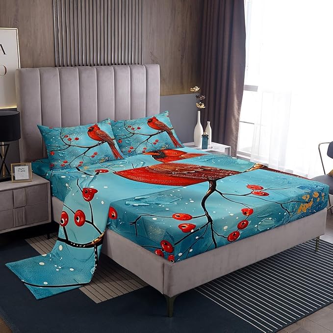 Red Bird Fitted Sheet Set with 2 Pillowcase,Winter Plum Blossom Garden Parrot Bed Sheet Teens,Rustic Farmhouse Animal Natural Blue Top Flat Sheet Luxury Microfiber,Queen Size