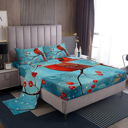 Red Bird Bed Sheet 4 Piece,Winter Plum Blossom Garden Parrot Sheets Full Size Bed Set,Rustic Farmhouse Animal Natural Blue Bedding Set with Flat,Fitted Sheet,2 Pillow Cases