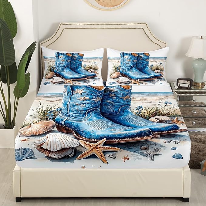 Western Boots Bed Sheet Set Tribal Cowboy Rustic Farmhouse Style Sheet Sets Deep Pocket(No Flat Sheet),Blue Ocean Beach Starfish Shell Conch Vintage Mattress Cover,Twin with 1 Pillowcase
