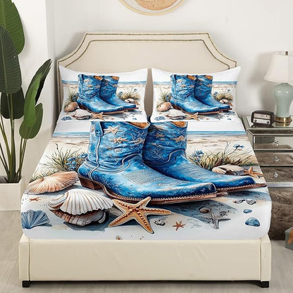 Western Boots Bed Sheet Set 3 Pieces,Tribal Cowboy Rustic Farmhouse Style Bedding Set(No Flat Sheet),Blue Ocean Beach Starfish Shell Conch Vintage Fitted Sheet,2 Pillow Cases,Full Size