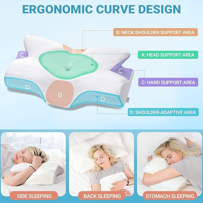 Elviros Cervical Memory Foam Pillow, 2 Pack Pillows for Neck and Shoulder Pain, Ergonomic Orthopedic Sleeping Neck Support Pillow for Side Sleepers, Stomach Sleepers (Blue)