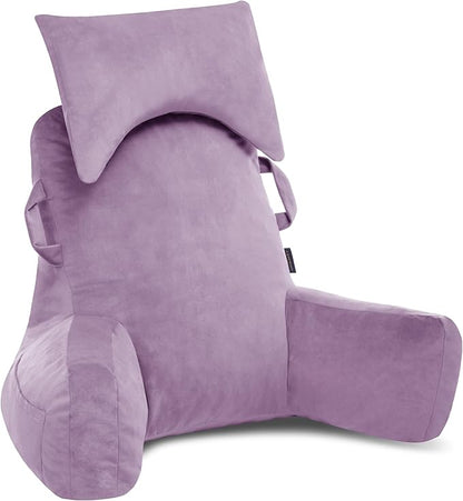 Portable Reading Pillows with Headrest for Bed Sitting Up(Lavender Purple Oeko-Tex), Velvet Back Pillow with Arms & Pockets for Adults, Support Memory Foam Bed Pillow for Dorm/Reading/Gaming