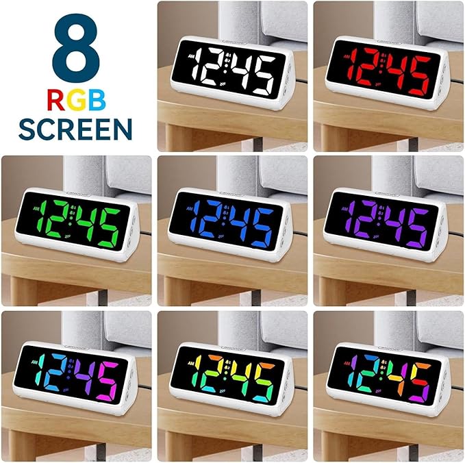 Netzu Loud Alarm Clock for Heavy Sleepers, Plug-in RGB Vibrating Alarm Clocks with Bed Shaker, 5 Dimmers, 2 Alarms and Snooze for Bedrooms Hearing Impaired Deaf Adults (White)