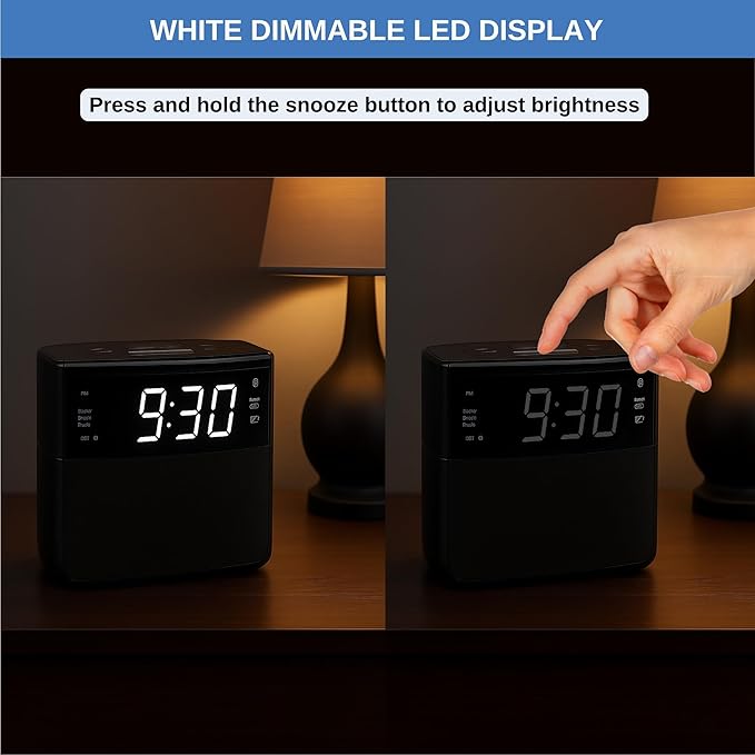 Digital Alarm Clocks for Bedrooms, Dual Alarms, Bluetooth and FM Radio, White Dimmable LED Display, USB-A Charging Port. Loud Alarm Clock for Heavy Sleepers Perfect for Bedroom, Desk, and Office