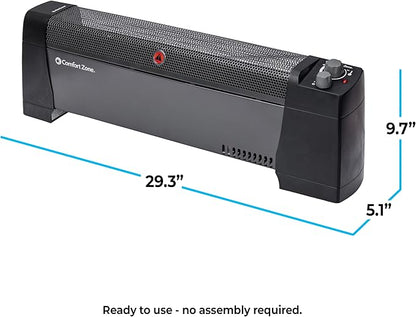 Comfort Zone 1500W Convection Baseboard Heater – Silent Portable Electric Space Heater with Adjustable Thermostat, 2 Heat Settings & Safety Tip-Over Switch – Black