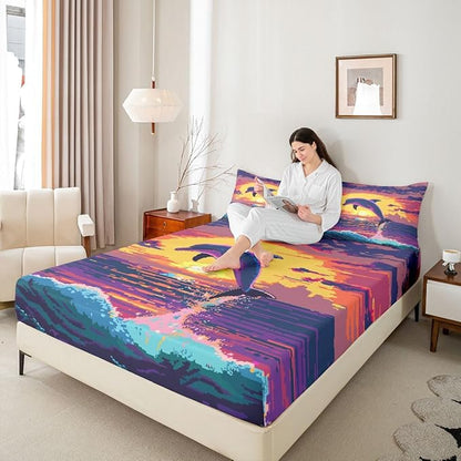 Pixelated Dolphin Boys Girls Bed Sheets,Video Games Pixel Blocks Room Decor,Cartoon Animal Sunset Ocean Kids Twin Size Fitted Sheet,Purple Orange Bedding Set,1 Pillowcase(No Flat)