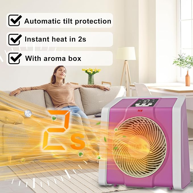 HEATIT Space Heater with Remote for Indoor, Digital Display with Thermostat,Containing Plasma & Ozone, 1-12H Timer, 1500W/750W,Electric Space Heater for Office, Bedroom,Pink,10.6"Dx7.0"W x 11.8"H