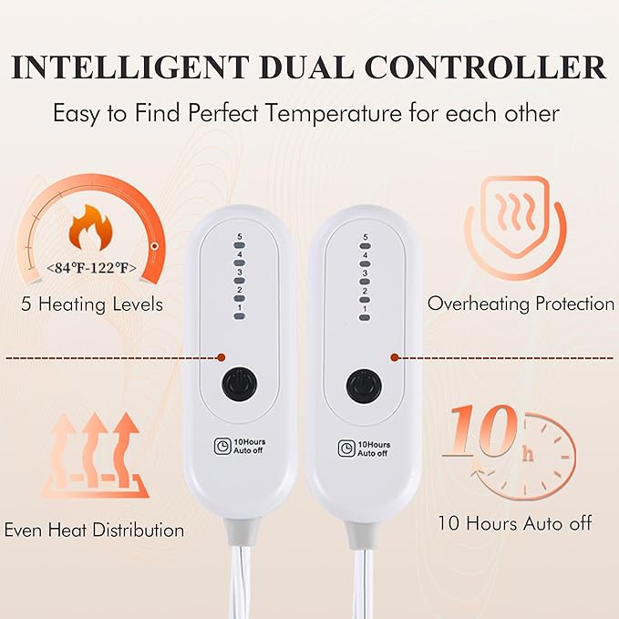 Electric Blanket Queen Size, Super Soft Cozy Upgraded Flannel Blanket Dual Control with 5 Heating Levels & 10 Hours Auto Off, Fast Heating Blanket & Overheat Protection, 84" x 90", White