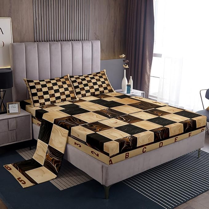 International Chess Bed Sheet Set Twin Size,Vintage Sport Game Brown Chess Checkerboard Sheet Set,Geometric Wooden Print Plaids Grids Bedding Set with 1 Flat & 1 Fitted Sheet with 1 Pillow Sham