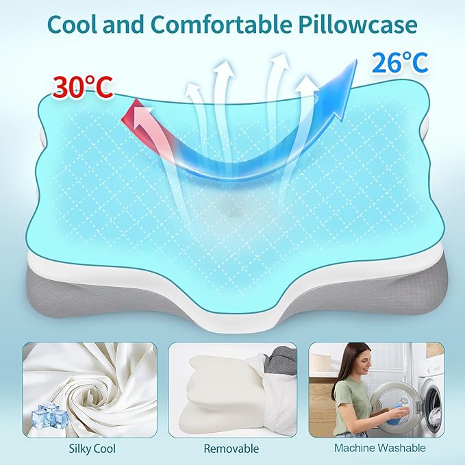 Cervical Pillow for Neck Pain Relief - Memory Foam Ergonomic Neck Support Pillows for Sleeping with Cooling Pillowcase, Orthopedic Contour Pillow for Side, Back and Stomach Sleepers