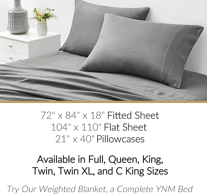 YnM French Linen Sheet Set - 4-Piece Set Includes Flat Sheet, Fitted Sheet, and 2 Pillowcases – California King, Dark Grey