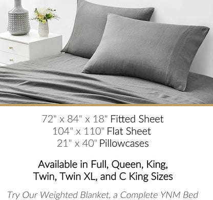 YnM French Linen Sheet Set - 4-Piece Set Includes Flat Sheet, Fitted Sheet, and 2 Pillowcases – California King, Dark Grey