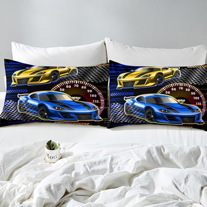 Racing Theme Fitted Sheet,Street Art Style Sheet Set for Adults Ultra Soft Room Gift,Race Car Bedding Set with 2 Pillowcases,Queen Size