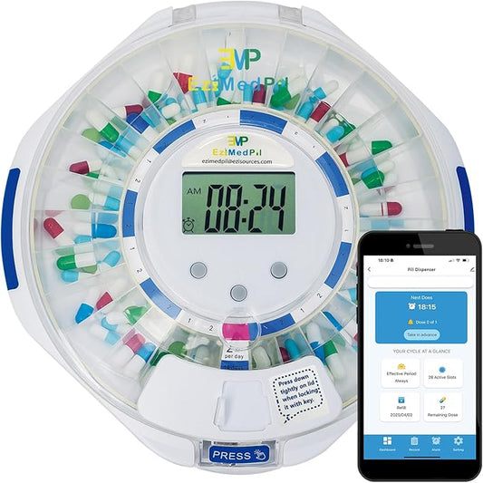 EziMedPil Bluetooth Pill Dispenser w/Sound & Light Alerts, up to 9 Alarms/Daily, Key Lock, LCD & Easy Setup on SmartLife App, 28-Day Medication Dispenser for Prescriptions, Vitamins & More, Clear Lid