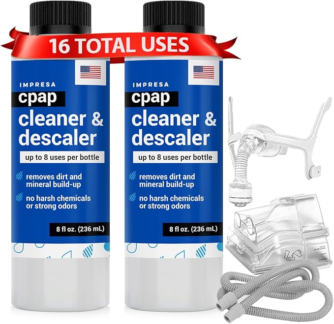 IMPRESA CPAP Cleaning Solution - 2-Pack, 8 Fl Oz Bottles - Residue-Free Citric Acid Descaler - Safe Plastic Component & Sleep System Cleaner - Travel-Friendly Pack