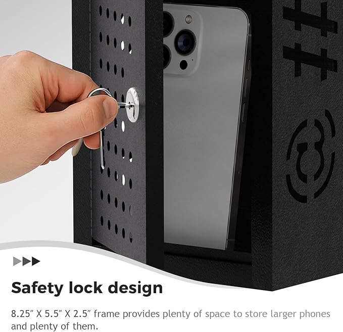 OSKIE Phone Downtime Box - Lockable Smartphone Storage for Home & Office, Key Lock Secure Metal Organize, Wall Mountable, 8.25” x 5.5” x 2.5” (Black)