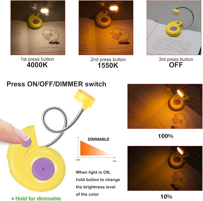 Kids Rechargeable Book Light, Clip on Reading Light for Kid, Kids Reading Lights, Amber Book Light for Reading in Bed, 2 Lighting Modes, Blue Light Blocking, Bookmark Light for Bookworms-Yellow