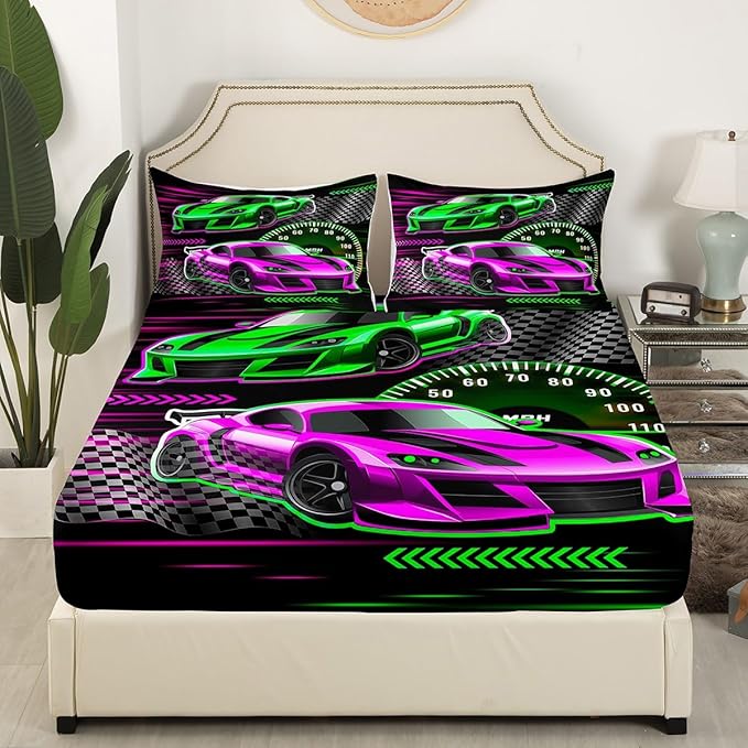 Street Art Style Bed Sheet Set Extreme Sports Fitted Sheet for Ultra Soft Pink Green Racing Car Bedding Cover Set Room Decor Queen (No Flat Sheet)