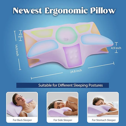 Cervical Pillow for Neck Pain Relief, Cooling Contour Memory Foam Pillows Support Odorless Ergonomic Neck Pillow Adjustable Orthopedic Bed Pillow for Side Back Stomach Sleeper with Pillowcase,Purple