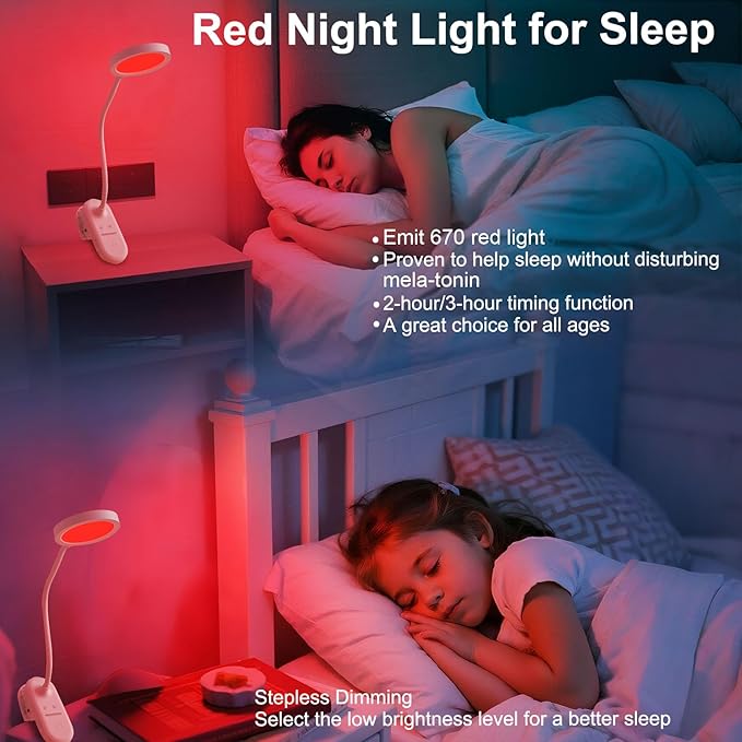 Red Light Therapy Lamp for Sleep, 625nm Sleep Aid Lamp with Dual-Mode, LED Happy Lamp 4500K, Rechargeable Clip on Red Night Light with Timer & Dimmable for Bedroom/Reading/Deep Relaxation
