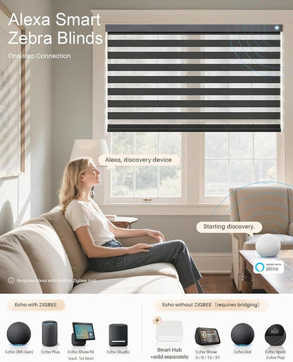 Smart Zebra Blinds for Windows, Alexa Motorized Blinds with Remote Control, Automatic Electric Power Zebra Shades for Indoor Windows (33" W x 72" H, Black)