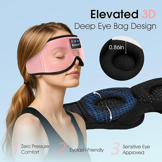 ZUMUSEN Bluetooth Sleep Headphones, 3D Wireless Music Eye Mask with Ultra-Thin Stereo Speakers, Adjustable Sleep Mask for Side Sleepers, Perfect for Travel, Meditation, Relaxation