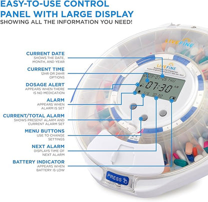LiveFine Automatic Pill Dispenser with 28-Day Electronic Medication Organizer, 6 Dosage Rings, LCD Display with Sound & Light Alerts, Key & Magnifying Glass for Prescriptions, Vitamins & Supplements