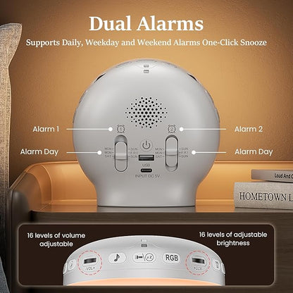Wake Up Light Sunrise Alarm Clock for Bedrooms, Rechargeable Sound Machine Night Light, 28 Sleep Sounds, 12 Colors, Dual Alarms, White Noise Sound Machine for Baby and Adults