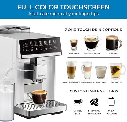 Kenmore Fully Automatic Coffee Maker - with Grinder, Milk Frother & Steamer, Auto Tamper, Descaler Expresso Machine, cafeteras electricas modernas machines For Home/Office White