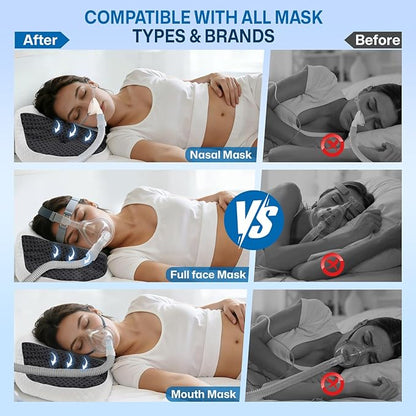 CPAP Pillow for Side & Back Sleepers - Mask Compatible Contour Design to Reduce Leaks, Breathable Memory Foam Pillow with Ergonomic Support & Hose-Friendly Cutouts for Comfortable Sleep, Black