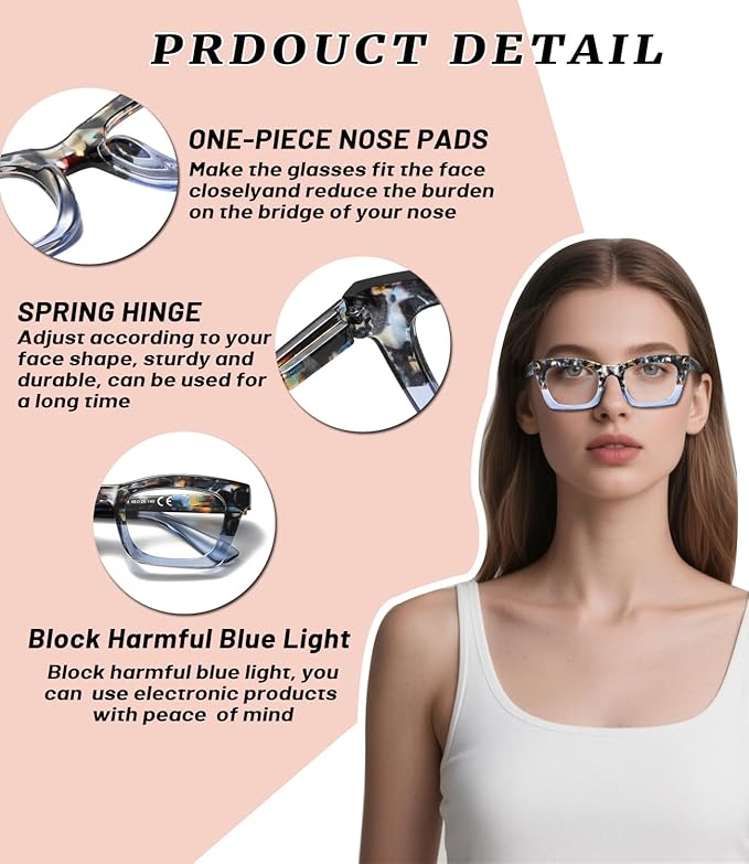 Hubeye Oprah Style Reading Glasses for Women Men Blue Light Blocking Computer Square Readers with Spring Hinge