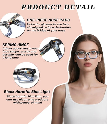 Hubeye Oprah Style Reading Glasses for Women Men Blue Light Blocking Computer Square Readers with Spring Hinge