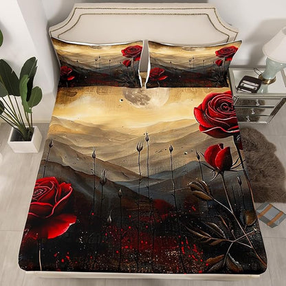 Red Roses Fitted Sheet Set Full Size 4 Pcs,Romantic Blooming Flowers Vintage Brown Black Teens Sheets,Rustic Nature Mount Moon Sky Glitter Bedding Sets (1 Fitted,1 Flat,2 Pillowcases)