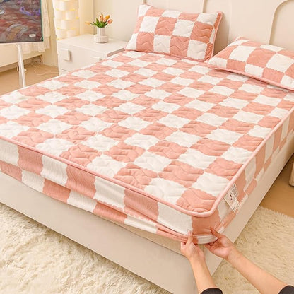 Milk Velvet Checkered Bedding Mattress Cover, Super Soft Elastic Bed Sheets with Pillowcase - Washable 12'' Deep Pocket Mattress Pad