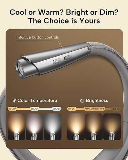 LED Neck Reading Light, Book Light for Reading in Bed, 3 Colors, 9 Brightness Levels, Lightweight Comfortable Design, Long Lasting, Perfect for Knitting,Crafting,Camping,Gray