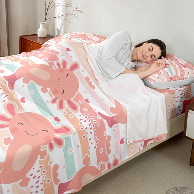 Cute Axolotl Sheet Set Twin Size,Kids Girls Cartoon Animals Bed Sheet Set 3pcs(Deep Pocket Fitted Sheet + Flat Sheet + 1 Pillowcase) Rainbow Stripes Romantic Bedding Set,Cute Christmas Bedroom Decor